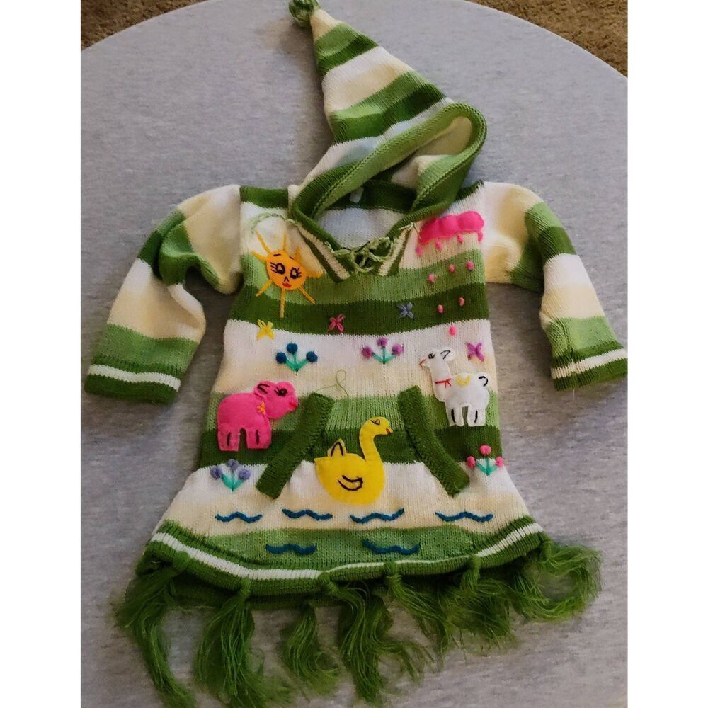 PERUVIAN HAND KNIT PATCHWORK HOODED PULLOVER SWEATER NWT